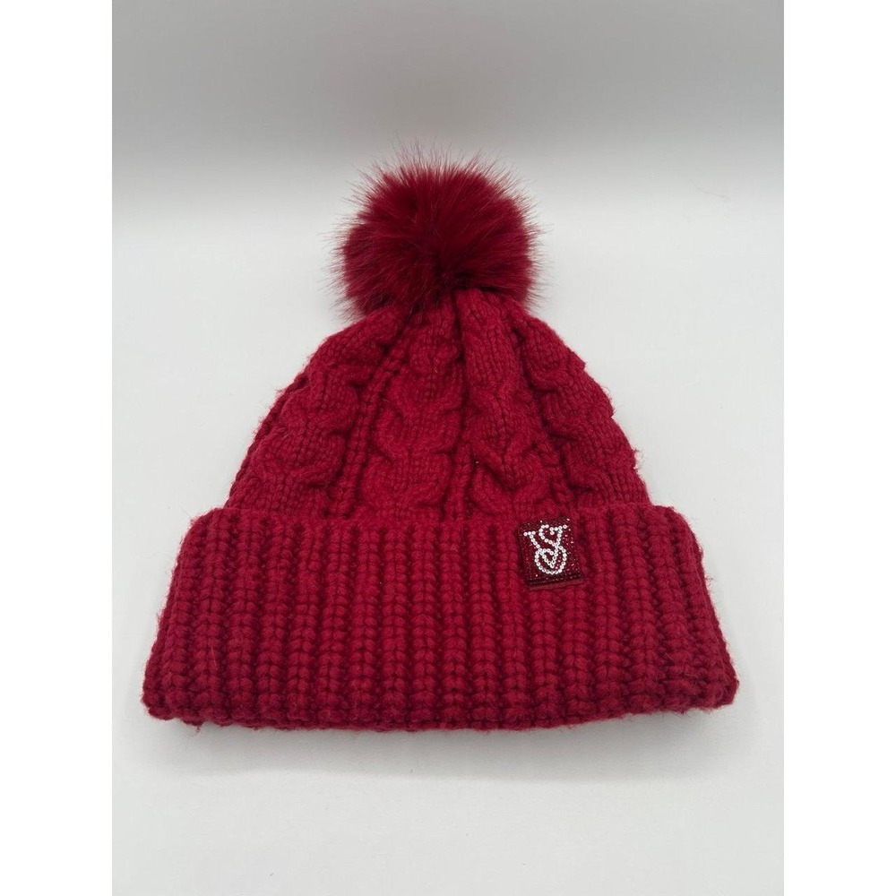 Victoria's Secret Red Cable Knit Pom Pom Beanie Rhinestone VS Logo Hat NWT